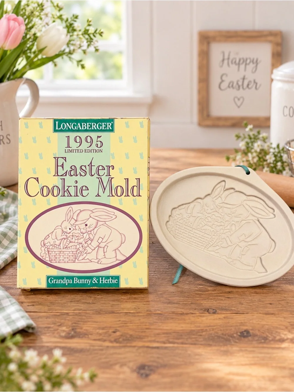 1995 Longaberger Easter Cookie Mold Grandpa Bunny & Herbie with Box and Ribbon